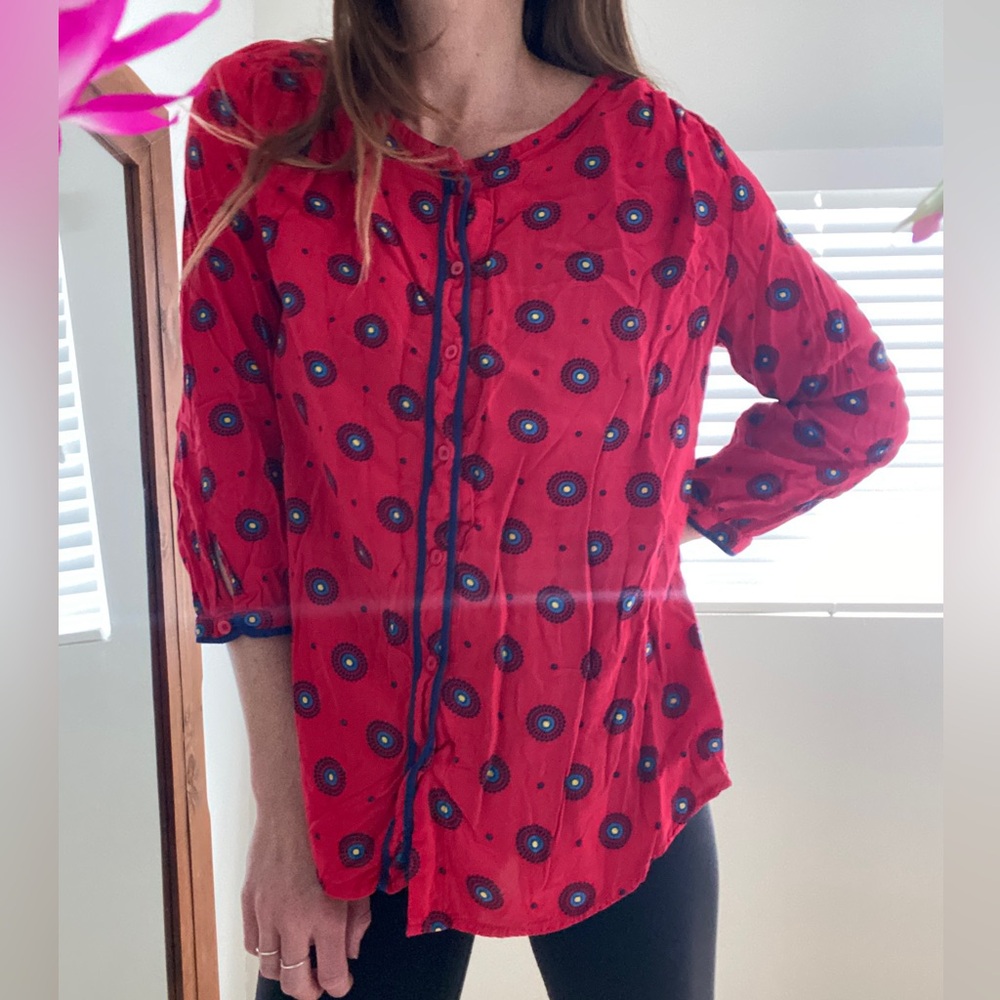 Red Floral Long Sleeve Blouse Sz M